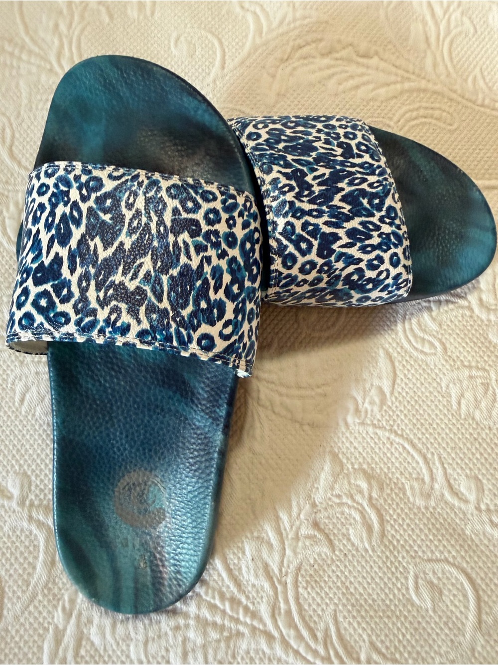 Calme by Johnny Was. Blue Leopard Print Slide Sandals - Women New size 8